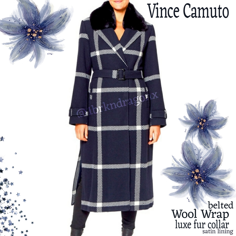 Brand New Vince Camuto Wool Belted Navy White Plaid Trench Coat Fur LARGE FUR - Picture 4 of 17